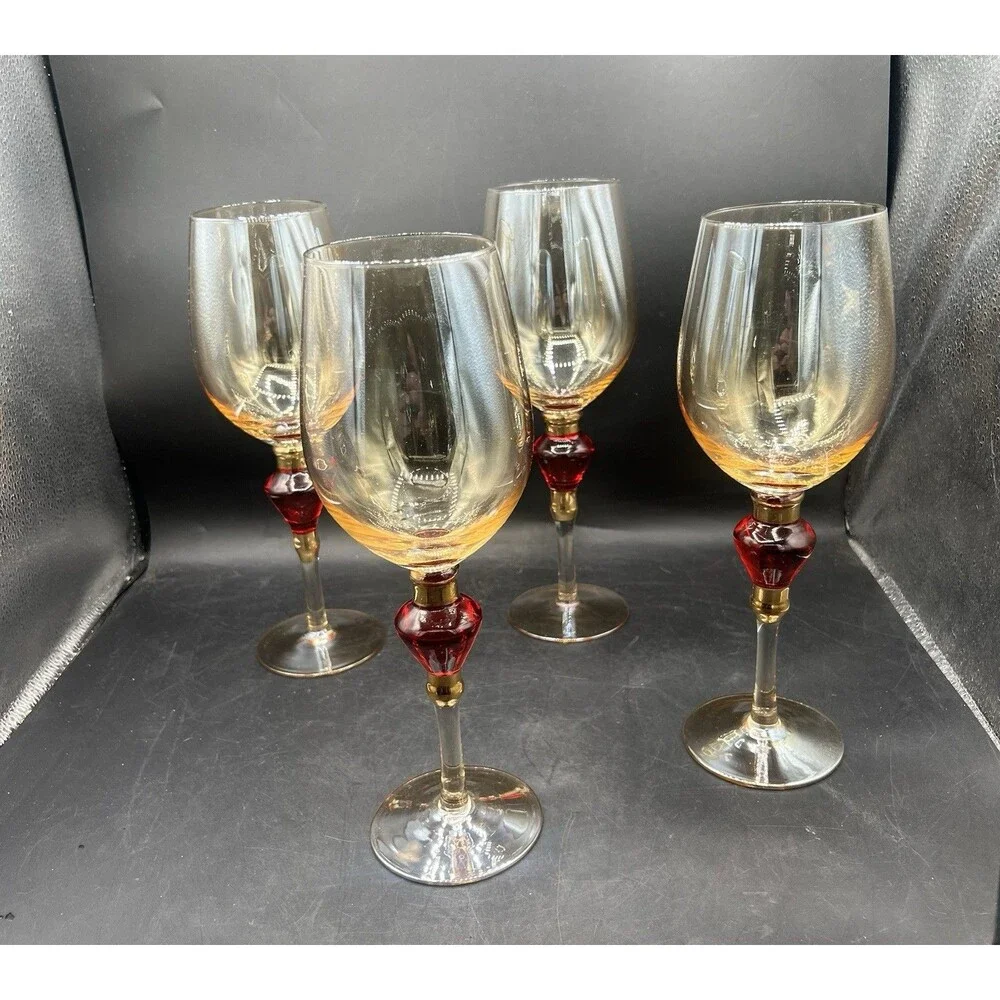 Set of 4 Pier 1 Amber Luster Red Jewel Stem Water Goblets Wine Glasses